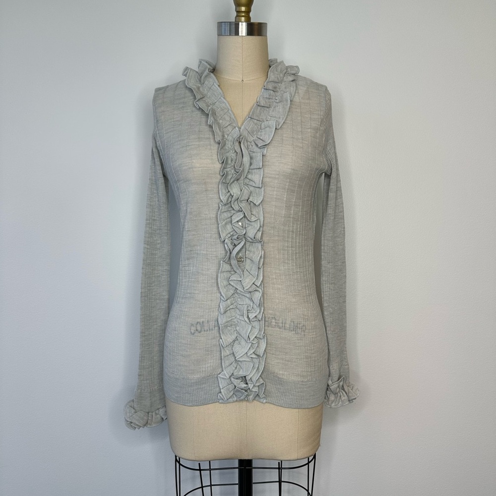 Anne Fontaine Gray Ruffled V-Neck Long Sleeve Blouse
